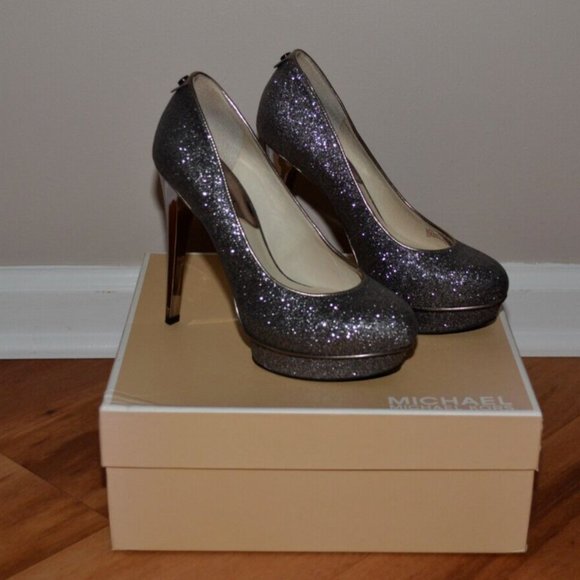 Michael Kors NEW Gideon Pump Gunmetal Gray Glitter Sparkle Leather Heels sz 6 - Picture 2 of 9